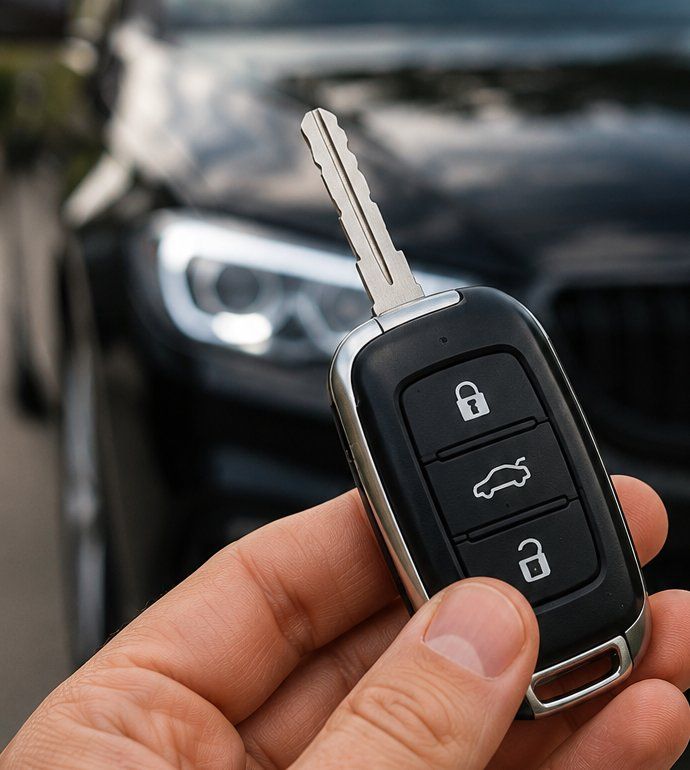 Hand holding a flip key fob in front of a black car in Sacramento