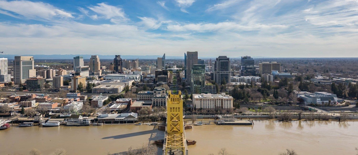 Downtown Sacramento skyline and the Tower Bridge over the Sacramento River